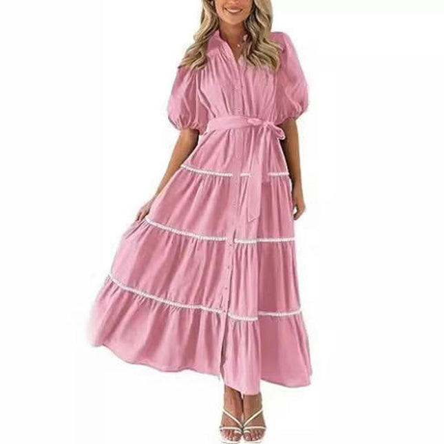 Women's Summer Puff Short Sleeve Button Down Shirt Dress with Belt Flowy Tiered Maxi Dress