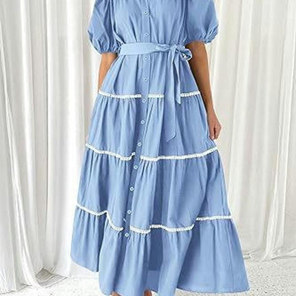 Women's Summer Puff Short Sleeve Button Down Shirt Dress with Belt Flowy Tiered Maxi Dress