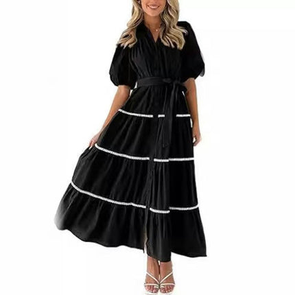 Women's Summer Puff Short Sleeve Button Down Shirt Dress with Belt Flowy Tiered Maxi Dress