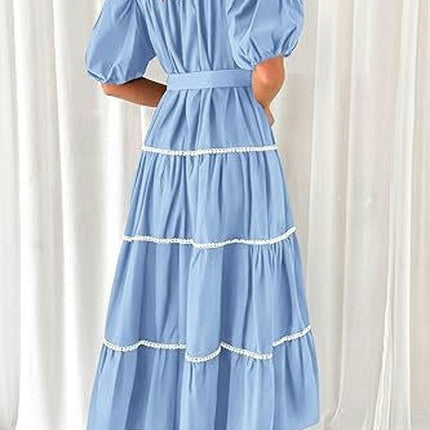 Women's Summer Puff Short Sleeve Button Down Shirt Dress with Belt Flowy Tiered Maxi Dress