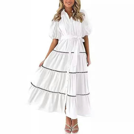 Women's Summer Puff Short Sleeve Button Down Shirt Dress with Belt Flowy Tiered Maxi Dress