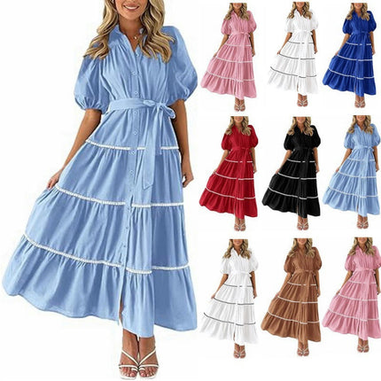 Women's Summer Puff Short Sleeve Button Down Shirt Dress with Belt Flowy Tiered Maxi Dress