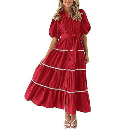 Women's Summer Puff Short Sleeve Button Down Shirt Dress with Belt Flowy Tiered Maxi Dress