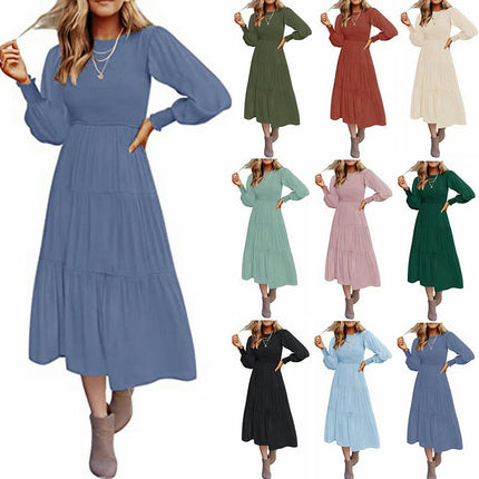 Women Summer Dresses Casual Puff Long Sleeve Crewneck High Waist Flowy Midi Dress