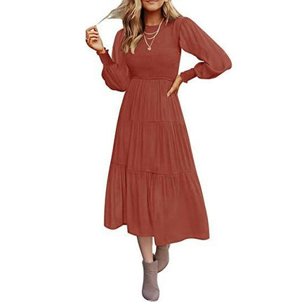 Women Summer Dresses Casual Puff Long Sleeve Crewneck High Waist Flowy Midi Dress