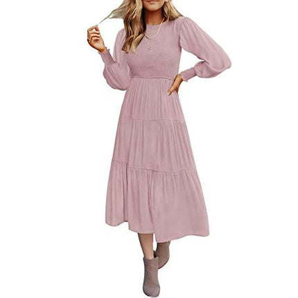 Women Summer Dresses Casual Puff Long Sleeve Crewneck High Waist Flowy Midi Dress