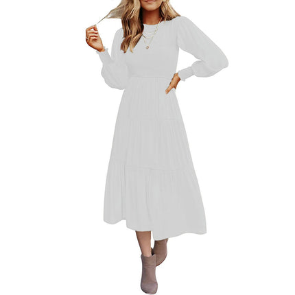 Women Summer Dresses Casual Puff Long Sleeve Crewneck High Waist Flowy Midi Dress