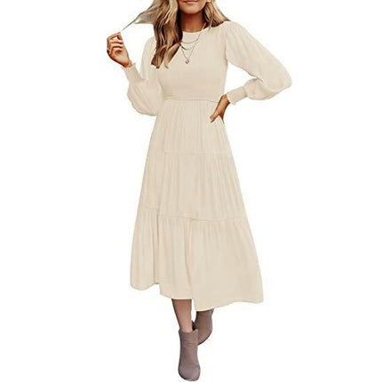 Women Summer Dresses Casual Puff Long Sleeve Crewneck High Waist Flowy Midi Dress