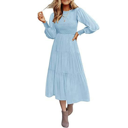 Women Summer Dresses Casual Puff Long Sleeve Crewneck High Waist Flowy Midi Dress