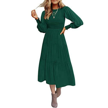 Women Summer Dresses Casual Puff Long Sleeve Crewneck High Waist Flowy Midi Dress