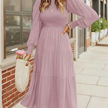 Women Summer Dresses Casual Puff Long Sleeve Crewneck High Waist Flowy Midi Dress