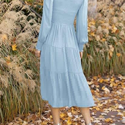 Women Summer Dresses Casual Puff Long Sleeve Crewneck High Waist Flowy Midi Dress