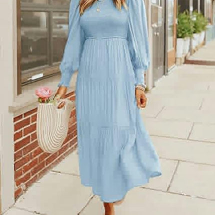 Women Summer Dresses Casual Puff Long Sleeve Crewneck High Waist Flowy Midi Dress