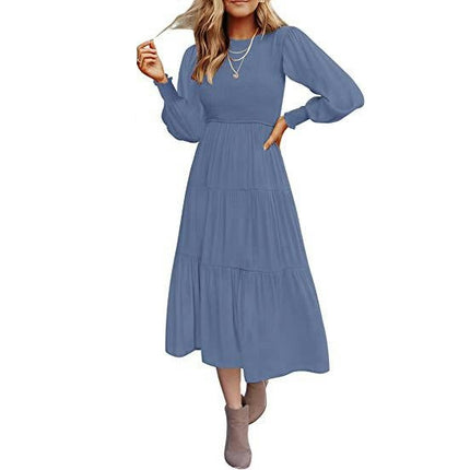 Women Summer Dresses Casual Puff Long Sleeve Crewneck High Waist Flowy Midi Dress