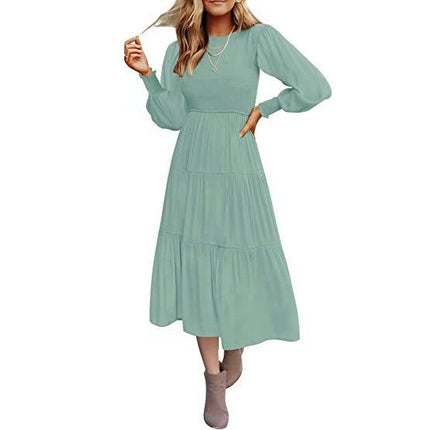 Women Summer Dresses Casual Puff Long Sleeve Crewneck High Waist Flowy Midi Dress