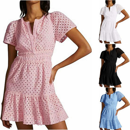 Women Summer V Neck Dress Ruffle Hem Casual Short Sleeve Mini Dresses