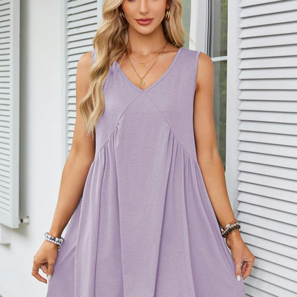 Women's Casual Summer Dress V Neck Sleeveless Loose Pleated Ruffle Flowy Dresses