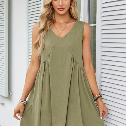 Women's Casual Summer Dress V Neck Sleeveless Loose Pleated Ruffle Flowy Dresses