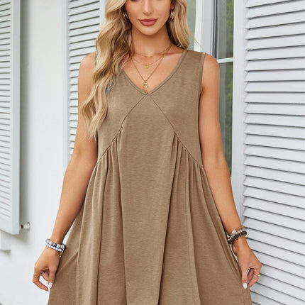 Women's Casual Summer Dress V Neck Sleeveless Loose Pleated Ruffle Flowy Dresses