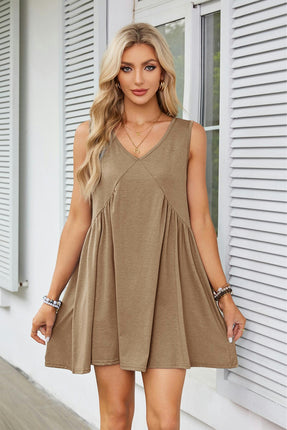 Women's Casual Summer Dress V Neck Sleeveless Loose Pleated Ruffle Flowy Dresses