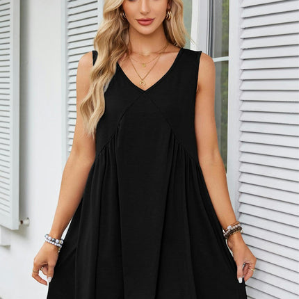 Women's Casual Summer Dress V Neck Sleeveless Loose Pleated Ruffle Flowy Dresses