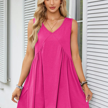 Women's Casual Summer Dress V Neck Sleeveless Loose Pleated Ruffle Flowy Dresses