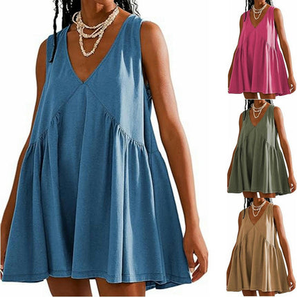 Women's Casual Summer Dress V Neck Sleeveless Loose Pleated Ruffle Flowy Dresses