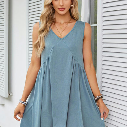 Women's Casual Summer Dress V Neck Sleeveless Loose Pleated Ruffle Flowy Dresses