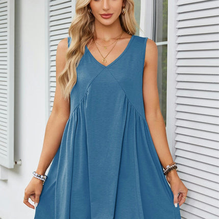 Women's Casual Summer Dress V Neck Sleeveless Loose Pleated Ruffle Flowy Dresses