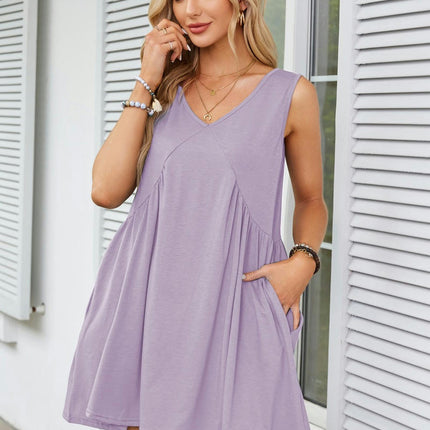 Women's Casual Summer Dress V Neck Sleeveless Loose Pleated Ruffle Flowy Dresses