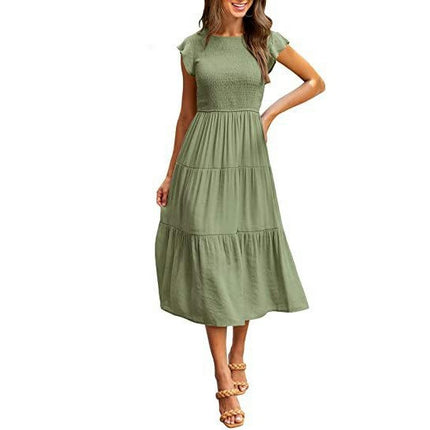 Women's Summer Casual Crew Neck Ruffle Cap Sleeve Smocked High Waist Midi Dress