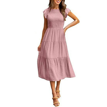 Women's Summer Casual Crew Neck Ruffle Cap Sleeve Smocked High Waist Midi Dress