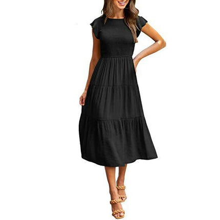 Women's Summer Casual Crew Neck Ruffle Cap Sleeve Smocked High Waist Midi Dress