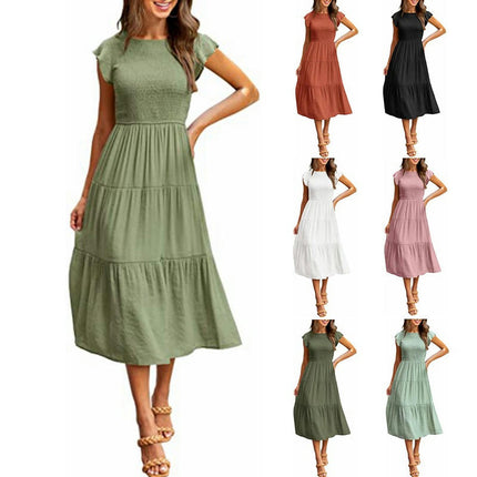 Women's Summer Casual Crew Neck Ruffle Cap Sleeve Smocked High Waist Midi Dress