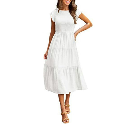 Women's Summer Casual Crew Neck Ruffle Cap Sleeve Smocked High Waist Midi Dress