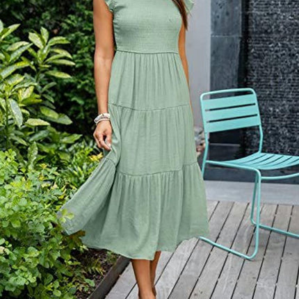 Women's Summer Casual Crew Neck Ruffle Cap Sleeve Smocked High Waist Midi Dress