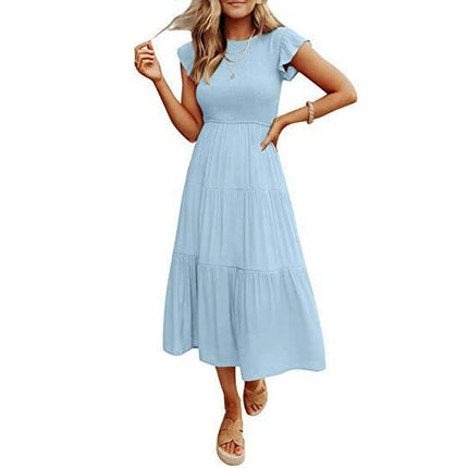 Women's Summer Casual Crew Neck Ruffle Cap Sleeve Smocked High Waist Midi Dress