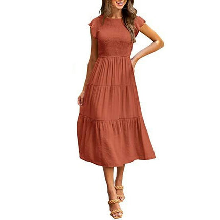 Women's Summer Casual Crew Neck Ruffle Cap Sleeve Smocked High Waist Midi Dress