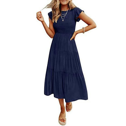 Women's Summer Casual Crew Neck Ruffle Cap Sleeve Smocked High Waist Midi Dress