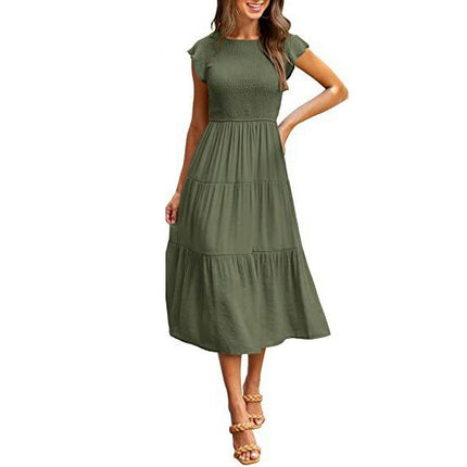 Women's Summer Casual Crew Neck Ruffle Cap Sleeve Smocked High Waist Midi Dress