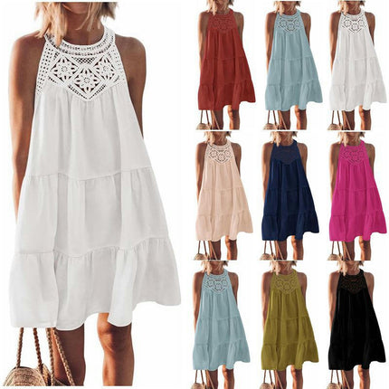 Women's Summer Halter Neck Sleeveless Mini Dress Casual Ruffle Tiered A Line Dresses