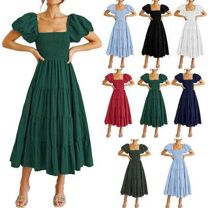 Womens Flowy Dresses Summer Puff Short Sleeve Smocked Square Neck Tiered Midi Dress