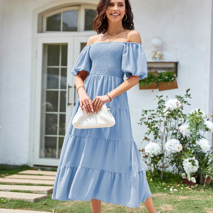 Womens Flowy Dresses Summer Puff Short Sleeve Smocked Square Neck Tiered Midi Dress