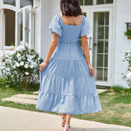 Womens Flowy Dresses Summer Puff Short Sleeve Smocked Square Neck Tiered Midi Dress