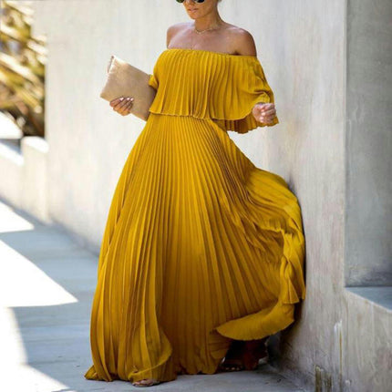 Women's Summer Maxi Dresses Casual Ruffle Off The Shoulder Sleeveless Pleated Long Dress