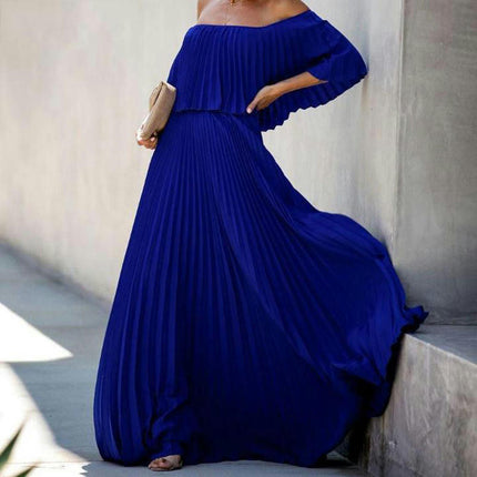 Women's Summer Maxi Dresses Casual Ruffle Off The Shoulder Sleeveless Pleated Long Dress