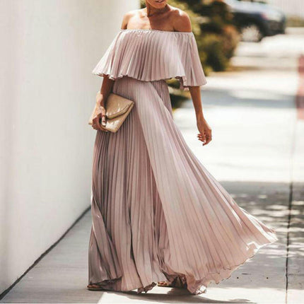 Women's Summer Maxi Dresses Casual Ruffle Off The Shoulder Sleeveless Pleated Long Dress