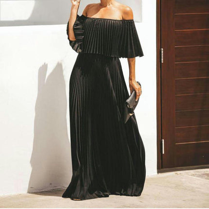 Women's Summer Maxi Dresses Casual Ruffle Off The Shoulder Sleeveless Pleated Long Dress