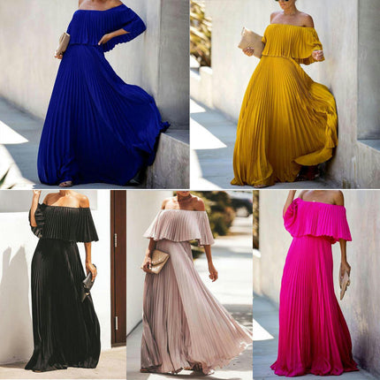 Women's Summer Maxi Dresses Casual Ruffle Off The Shoulder Sleeveless Pleated Long Dress