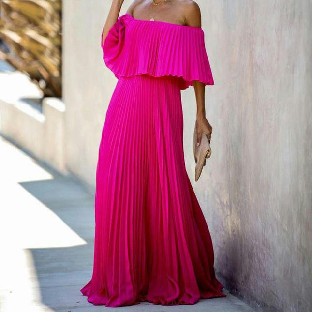 Women's Summer Maxi Dresses Casual Ruffle Off The Shoulder Sleeveless Pleated Long Dress